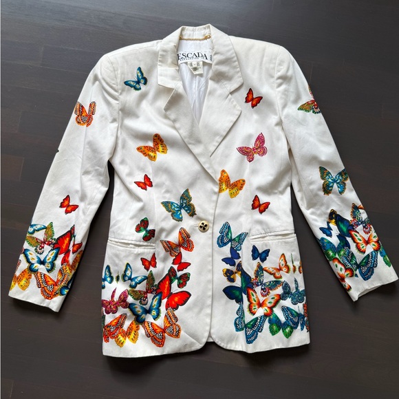 Escada Jackets & Blazers - Vintage Escada Women's White Blazer with Colorful Butterfly Design